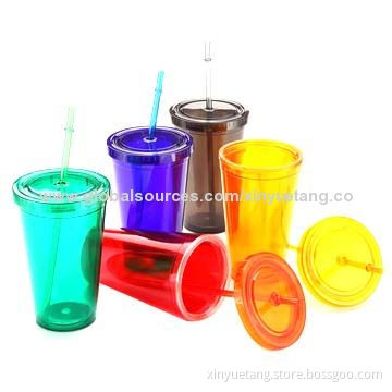 Promotional double wall insulated plastic tumbler with straw and lid